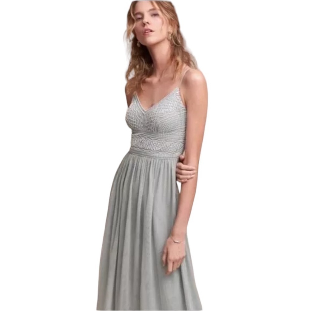Adrianna Papell Sage Green Gray Aida Beaded Tulle Gown Prom Dress Sz 4 Formal - Picture 2 of 14